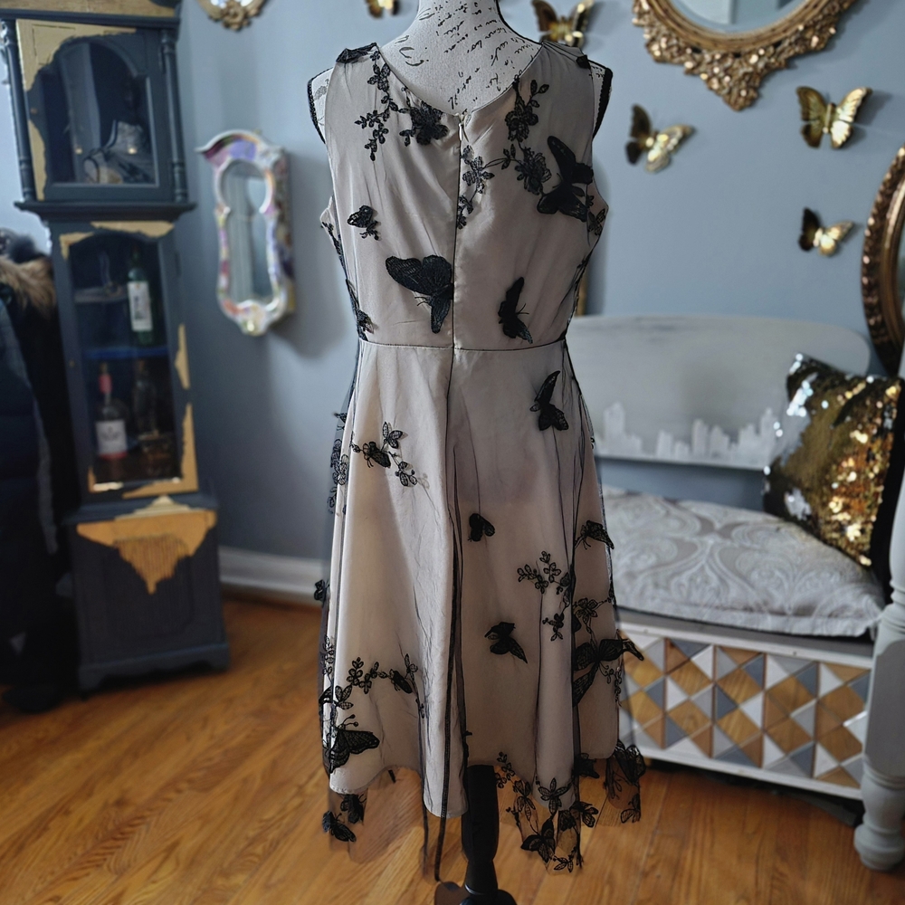Retro Style Cream Midi Dress with Black Butterfly Floral Lace Overlay Medium - Picture 4 of 6